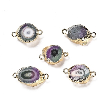 Natural Dyed Druzy Agate Nuggets Connector Charms, with Rack Plating Light Gold Plated Brass Edge, Cadmium Free & Lead Free, 18.5~23x11~13x5~6mm, Hole: 1.6~1.8mm