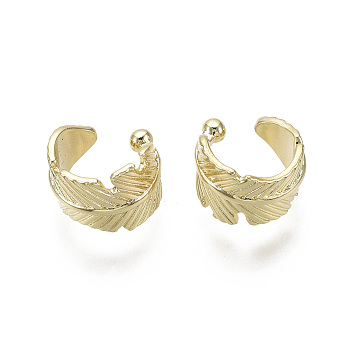 Brass Cuff Earrings, Feather,  Nickel Free, Real 18K Gold Plated, 8.5x9mm