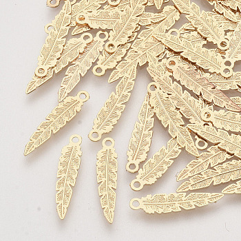 Brass Pendants, Etched Metal Embellishments, Long-Lasting Plated, Feather, Light Gold, 17x4x0.3mm, Hole: 1mm