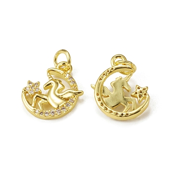 Brass Micro Pave Cubic Zirconia Pendants, with Jump Ring, Moon with Unicorn Charm, Golden, 15.5x13x2.5mm, Hole: 3mm