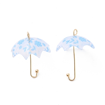 Acrylic Pendants, with Golden Plated Alloy Findings, 3D Umbrella with Flower Pattern, Dodger Blue, 23x18x18mm, Hole: 1.6mm
