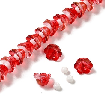 Transparent Glass Beads Strands, with Glitter Powder, Flower, Crimson, 11~12x7.5~8mm, Hole: 1.4mm, about 50pcs/strand, 11.42''(29cm)