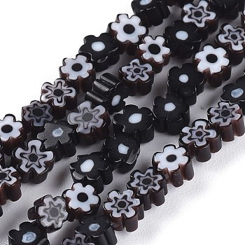 Handmade Millefiori Glass Bead Strands, Flower, Black, 3.7~5.6x2.6mm, Hole: 1mm, about 88~110pcs/Strand, 15.75''(40cm)