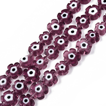 Handmade Evil Eye Lampwork Beads Strands, Flower, Old Rose, 7~9.5x7~9x2.5~3mm, Hole: 1mm, about 54pcs/strand, 16.14 inch(41cm)