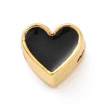 Eco-friendly Rack Plating Brass Enamel Beads, Cadmium Free & Lead Free, Long-Lasting Plated, Real 18K Gold Plated, Heart, Black, 7x7.5x5mm, Hole: 1.2mm