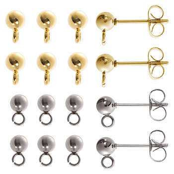 40Pcs 2 Style 304 Stainless Steel Ball Post Stud Earring Findings, with Loops & 316 Surgical Stainless Steel Pin & 40Pcs Ear Nuts, Golden & Stainless Steel Color, 15x7x4mm, Hole: 1.8mm, Pin: 0.7mm, 10Pcs/style