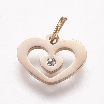 316 Surgical Stainless Steel Hollow Charms, with Rhinestone, Heart, Rose Gold, 9x12x1.5mm, Hole: 3.5mm