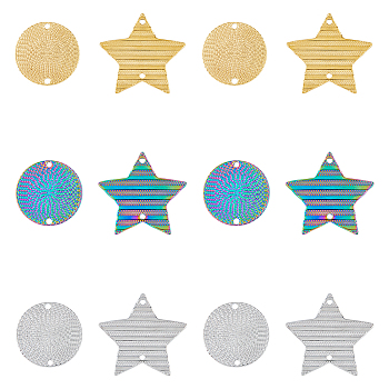 24Pcs 6 Styles 304 Stainless Steel Connector Charms, Flat Round & Striped Star Links, Mixed Color, 20~25.5x27x1mm, Hole: 1.5~1.6mm, 4pcs/style