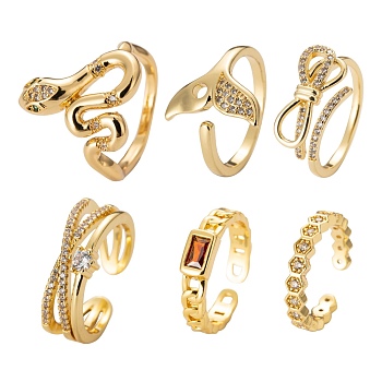 6Pcs 6 Styles Adjustable Brass Micro Pave Clear Cubic Zirconia Cuff Rings, Open Rings, Long-Lasting Plated, Snake & Fishtail & X Ring & Hexagon & Curb Chain Shape & Bowknot, Real 18K Gold Plated, Inner Diameter: 16.5~18mm, 1pc/style