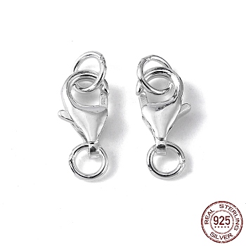 925 Sterling Silver Lobster Claw Clasps, with Jump Rings, Silver, 13x8x3mm, Hole: 3mm and 4mm