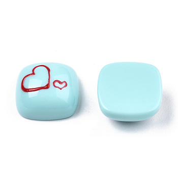 Opaque Resin Enamel Cabochons, Square with Dark Red Heart, Pale Turquoise, 15x15x7mm