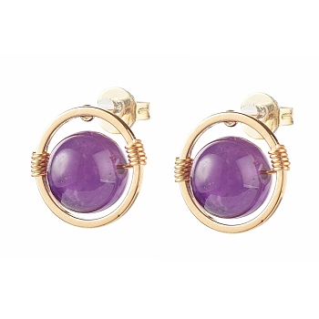 Natural Amethyst Round Beads Stud Earrings for Girl Women, Wire Wrap Brass Earring, Golden, 12.5x12mm, Pin: 0.7mm