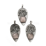 Natural Rose Quartz Square Big Pendants, Rack Plating Antique Silver Plated Alloy Leaf Charms, Cadmium Free & Lead Free, 56.5x30x7mm, Hole: 6.5x5mm(G-F763-07AS-05)