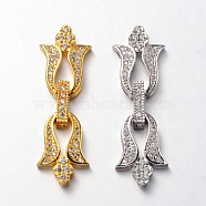 Flower Brass Micro Pave Cubic Zirconia Fold Over Clasps, Lead Free & Nickel Free, Mixed Color, 39x13x5mm, Hole: 2x1mm(ZIRC-L036-01-FF)