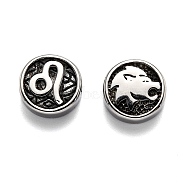304 Stainless Steel Beads, Flat Round with Twelve Constellations, Antique Silver, Leo, 10x4mm, Hole: 1.8mm(X-STAS-H156-01F)