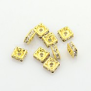Brass Rhinestone Spacer Beads, Grade A, Golden Metal Color, Square, Crystal, 6x6x3mm, Hole: 1mm(X-RB-A013-6x6-01G)