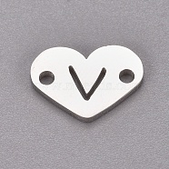 304 Stainless Steel Links, Heart with Letter, Stainless Steel Color, Letter.V, 9x12x1mm, Hole: 1.2mm(STAS-CJC0001-03V-P)