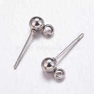 304 Stainless Steel Ball Stud Earrings Findings, with Loop, Stainless Steel Color, 7x4mm, Hole: 2mm, Pin: 0.8mm(STAS-K146-017-4mm)