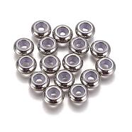 304 Stainless Steel Beads, with Rubber Inside, Slider Beads, Stopper Beads, Rondelle, Stainless Steel Color, 10x4~5mm, Hole: 5mm, Rubber Hole: 3.5mm(X-STAS-L222-41C-P)