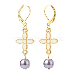 Alloy Enamel Clover with Glass Pearl Long Dangle Leverback Earrings, Gold Plated Brass Jewelry for Women, White, 49mm, Pin: 0.8mm(EJEW-JE05053-01)