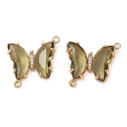 Brass Pave Faceted Glass Connector Charms, Golden Tone Butterfly Links, Dark Khaki, 20x22x5mm, Hole: 1.2mm(FIND-Z020-04S)
