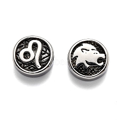 304 Stainless Steel Beads, Flat Round with Twelve Constellations, Antique Silver, Leo, 10x4mm, Hole: 1.8mm(X-STAS-H156-01F)