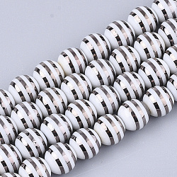 Electroplate Glass Beads Strands, Round with Stripe, Black, 10x9.5mm, Hole: 1.2mm, about 30pcs/strand, 11.2 inch(EGLA-S177-05B-01)