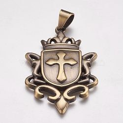 304 Stainless Steel Big Badge Pendants, Shield with Cross, Antique Bronze, 56x36x4mm, Hole: 7x9mm(STAS-K171-28AB)