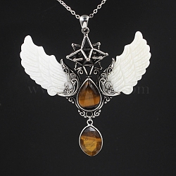 Natural Tiger Eye Angel Wing Big Pendants, Star Charms with Shell Wing, Antique Silver, 85x75x25mm(PW-WG35423-02)