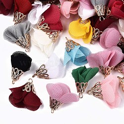 Chiffon Pendants, with Golden Iron Findings, Flower, Mixed Color, 26~27x24~26x18~20mm, Hole: 2mm(FIND-R087-06)