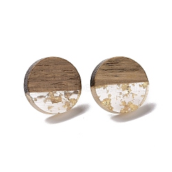 Resin & Walnut Wood Flat Round Stud Earrings with 304 Stainless Steel Pin for Women, Gold, 15mm, Pin: 0.6mm(EJEW-N017-010B-02)