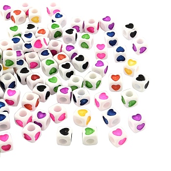 White Opaque Acrylic European Beads, Large Hole, Cube with Mixed Color Heart Pattern, 7x7x7mm, Hole: 4mm, about 760pcs/200g