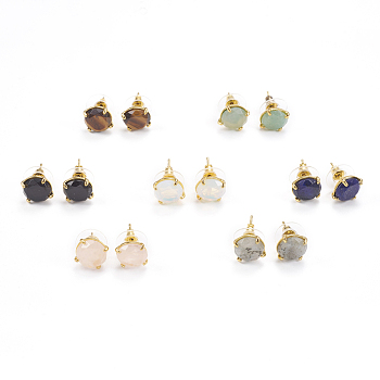 Natural & Synthetic Gemstone Stud Earrings, with Golden Tone Brass Findings, Faceted Flat Round, 11mm, Pin: 0.8mm