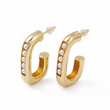Plastic Pearl Beaded Oval Stud Earrings, Brass Half Hoop Earrings for Women, Lead Free & Cadmium Free, Real 18K Gold Plated, 29x18x5mm, Pin: 0.9mm