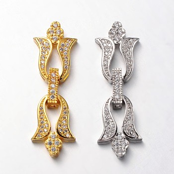 Flower Brass Micro Pave Cubic Zirconia Fold Over Clasps, Lead Free & Nickel Free, Mixed Color, 39x13x5mm, Hole: 2x1mm