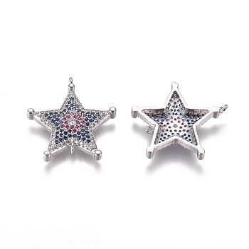 Brass Micro Pave Cubic Zirconia Links connectors, Star, Colorful, Platinum, 23x21x3.5mm, Hole: 1.6mm