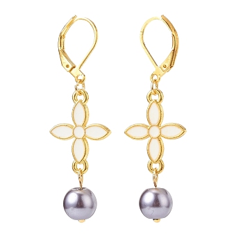 Alloy Enamel Clover with Glass Pearl Long Dangle Leverback Earrings, Gold Plated Brass Jewelry for Women, White, 49mm, Pin: 0.8mm