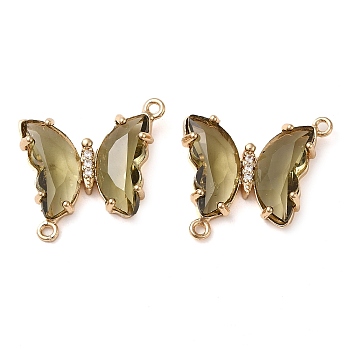 Brass Pave Faceted Glass Connector Charms, Golden Tone Butterfly Links, Dark Khaki, 20x22x5mm, Hole: 1.2mm