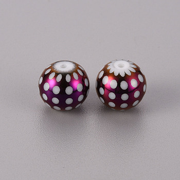 Electroplate Glass Beads, Round with Dots Pattern, Purple Plated, 10mm, Hole: 1.2mm