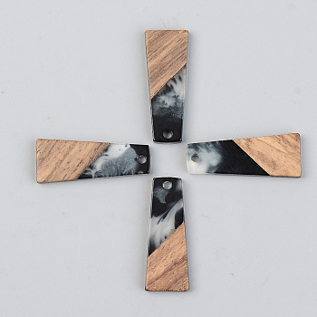 Transparent Resin & Walnut Wood Pendants, Trapezoid, Black, 30x12x3mm, Hole: 2mm