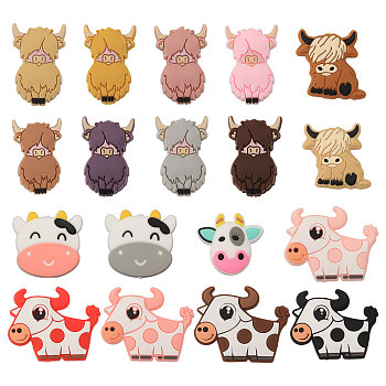18Pcs 18 Styles Cow/Cattle Food Grade Silicone Beads, Chewing Beads For Teethers, DIY Nursing Necklaces Making, Mixed Color, 26.5~31x26.5~38x7~10mm, Hole: 2~3mm, 1pc/style