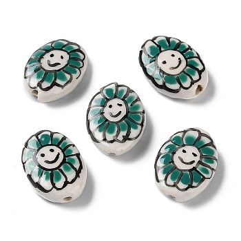 Handmade Porcelain Beads, Famille Rose Porcelain, Oval with Flower, Teal, 19x14~16x5~6mm, Hole: 1.2mm