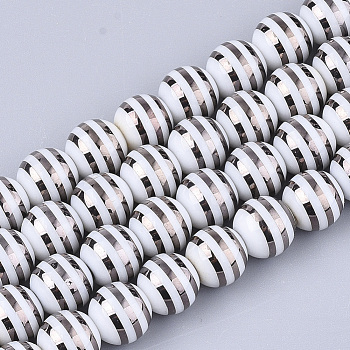 Electroplate Glass Beads Strands, Round with Stripe, Black, 10x9.5mm, Hole: 1.2mm, about 30pcs/strand, 11.2 inch