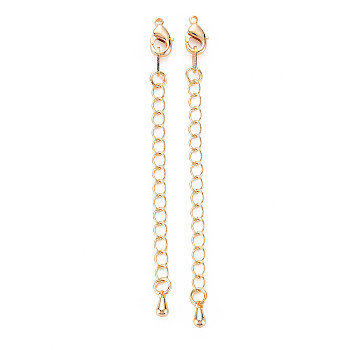 Brass Chain Extender, Curb Chains with Teardrop Charms & Lobster Claw Clasps, Nickel Free, Real 18K Gold Plated, 73mm