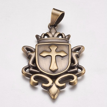 304 Stainless Steel Big Badge Pendants, Shield with Cross, Antique Bronze, 56x36x4mm, Hole: 7x9mm