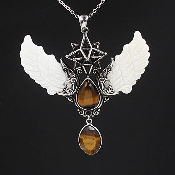 Natural Tiger Eye Angel Wing Big Pendants, Star Charms with Shell Wing, Antique Silver, 85x75x25mm