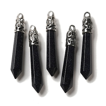 Synthetic Blue Goldstone Pointed Big Pendants, Faceted Bullet Charms with Rack Plating Platinum Plated Brass Findings, 56~65x11~11.5x10~10.5mm, Hole: 4X3mm