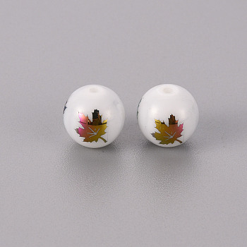Electroplate Glass Beads, Round, Maple Leaf Pattern, Multi-color Plated, 10mm, Hole: 1.2mm