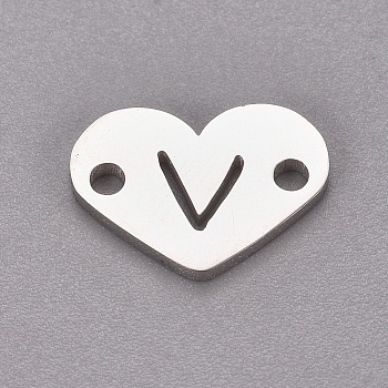 304 Stainless Steel Links, Heart with Letter, Stainless Steel Color, Letter.V, 9x12x1mm, Hole: 1.2mm