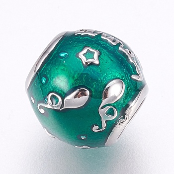 304 Stainless Steel European Beads, Large Hole Beads, with Enamel, Rondelle with Star, Stainless Steel Color, Sea Green, 10x9.5mm, Hole: 4.5mm